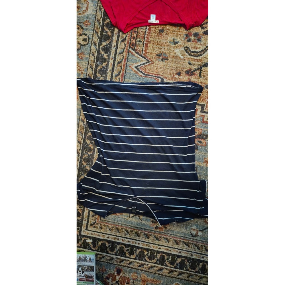 Emery Rose Navy Blue‎ White Striped V-Neck Crisscross Strap Short Sleeve Top M
